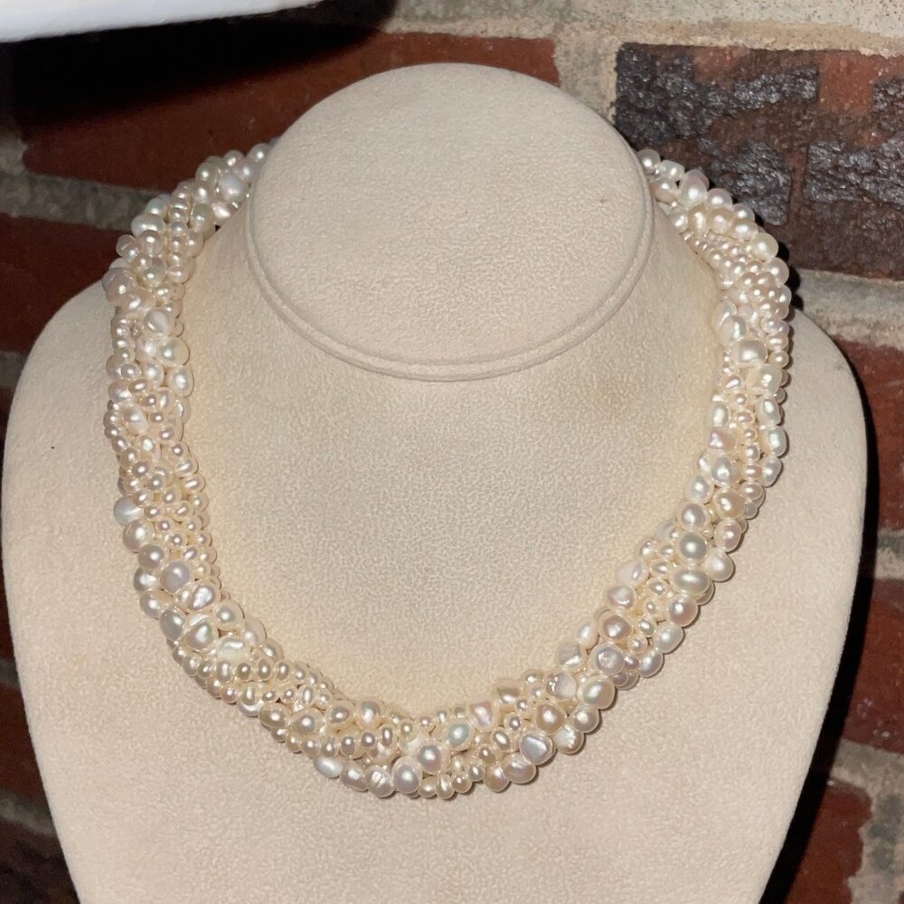 14k Multi Strand Genuine Freshwater Pearl Necklace 16-18" Vintage Showcase Piece